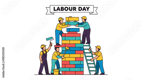 Labour Day Laborers: A collaborative scene of workers, diligently building a structure, symbolizing the spirit of Labour Day and honoring the dedication of every laborer.