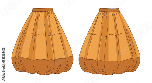 Detailed technical flat illustration of a casual women's gathered skirt. This design features a comfortable waistband and a unique voluminous