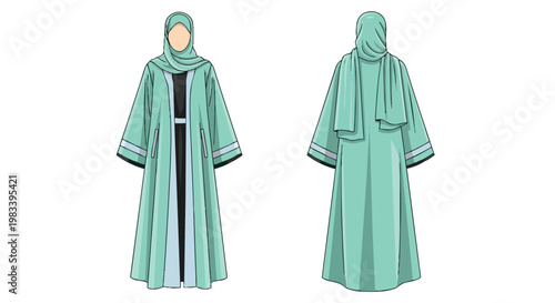 Aquamarine abaya and matching hijab fashion illustration. This vector design embodies modest Islamic fashion, elegant traditional women's cultural