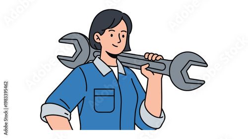 The Skilled Mechanic: A confident female mechanic stands poised with a large wrench slung over her shoulder, ready to tackle any mechanical challenge. This image encapsulates strength, expertise.