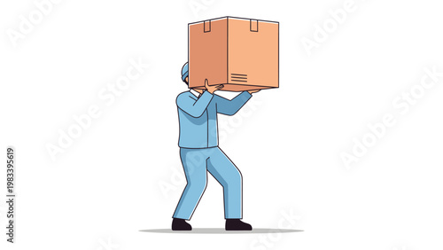Shipping Package Delivery: A diligent delivery worker carries a large cardboard box overhead, embodying the dedication and service of shipping and logistics.