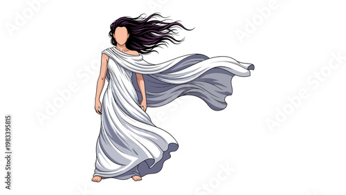 Ethereal Figure: An elegant woman, draped in flowing white fabric, embodies grace and serenity, her dark hair cascading in the wind.