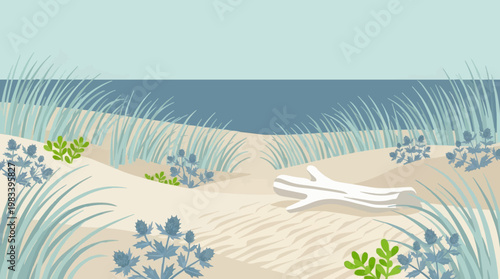 Serene Coastal Dunes with Driftwood
