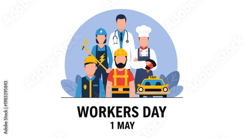 Workers Day: An illustration showcasing diverse professionals representing various industries, united to celebrate labor on the 1st of May.