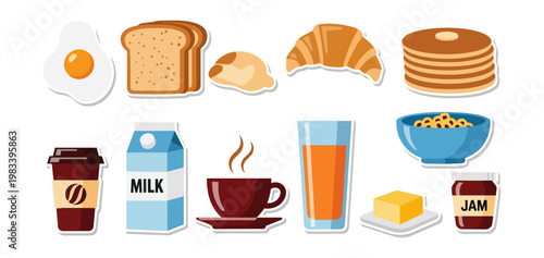 Breakfast food assortment egg toast pancakes coffee juice and more