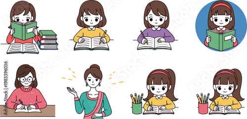 Vector illustration set of diverse girls reading, studying, and engaging with books in different poses and settings, ideal for educational and learning designs