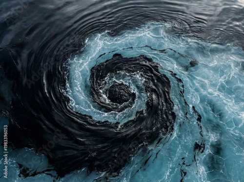 Spiral of oil and turquoise water creating a whirlpool effect in an oceanic setting, aerial view of swirling currents. Concept of environmental pollution, oil spills, plastic waste, ecological crisis