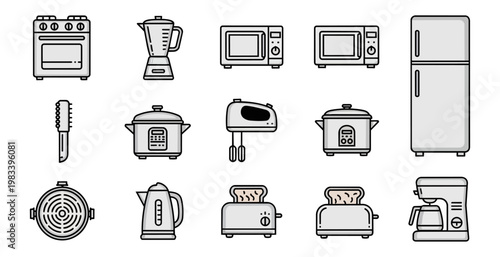 Collection of kitchen appliances and equipment icons in a flat style