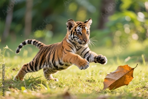 A young tiger cub runs playfully across a grassy field, chasing a falling leaf in a sunlit natural setting.