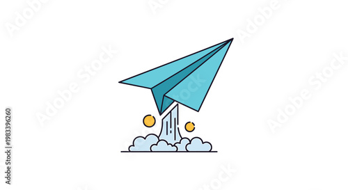 Blue paper airplane soaring with smoke and golden coins, concept of success.