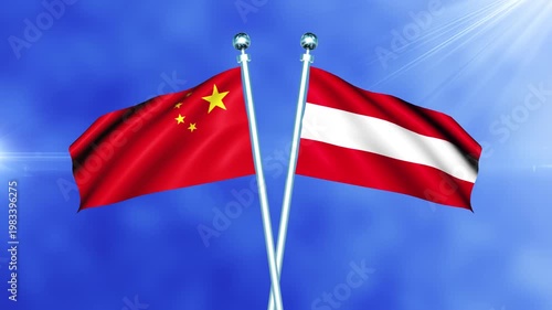China and Austria Flag Waving On Pole Loop