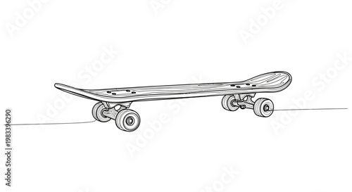 A minimalist line drawing of a wooden skateboard with four wheels on a white background
