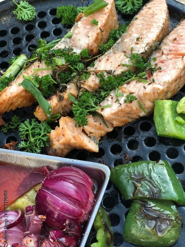 Close-up of grilled salmon,...