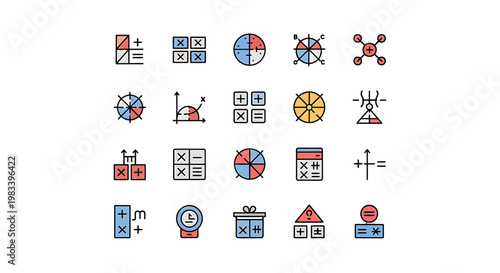 Collection of colorful mathematical and scientific icons for various applications.