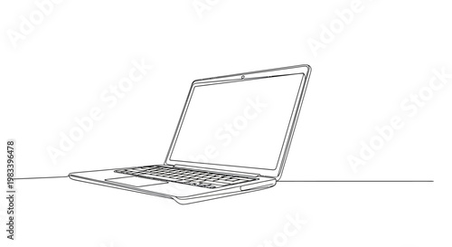 Clean line art sketch of a portable computer device with an open display screen