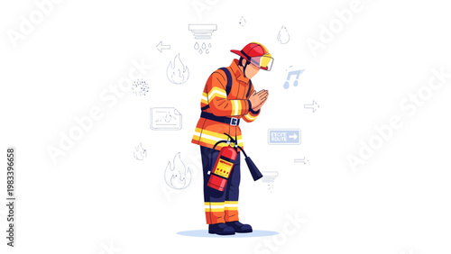 Firefighter's Reverence: An illustration showing a firefighter pausing in solemn reflection amidst a fiery scene, embodying dedication, service, and sacrifice.
