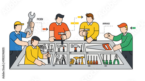 Teamwork and Tools: A team of skilled technicians is focused on using their repair tools to construct or maintain something.