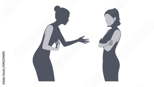 Dialogue of disagreement: A visual representation of a conversation between two woman, one gesturing to explain her view, and the other holding her arms, creating a visual expression of differences.