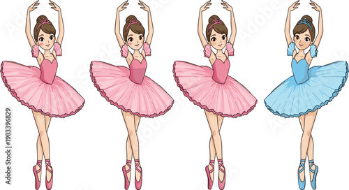 Elegant Cartoon Ballerina Girls in Pink and Blue Tutus, Graceful Ballet Poses