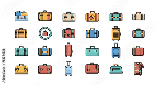 Collection of various travel suitcases and luggage icons for vacation.