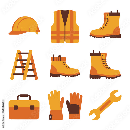 Essential Construction Gear: A curated collection of essential safety equipment and tools for construction, featuring a helmet, vest, boots, ladder, toolbox, gloves, and wrench.