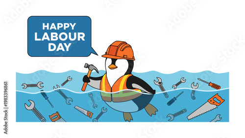 Happy Labour Day Celebration: An adorable cartoon penguin, equipped with essential tools and safety gear, merrily bobs in a sea of labor tools, wishing a happy Labour Day with a charming message.
