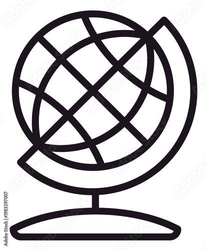 Black line vector icon of a terrestrial globe on a stand, representing geography, education, travel, and global connectivity. Minimalist outline illustration of a world map sphere on a base.