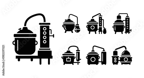 Industrial vacuum, industrial equipment, vacuum pump, machinery icons, black and white, 8 elements, vector illustrations