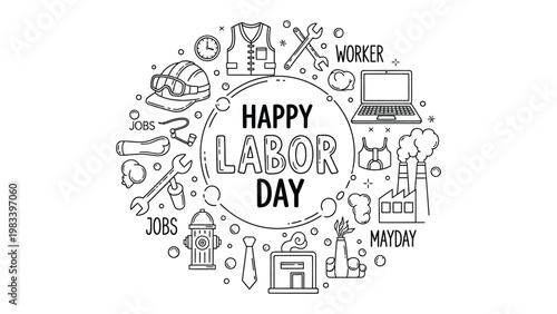 Happy Labor Day Illustration: An artistic illustration celebrating Labor Day, featuring iconic symbols of work and dedication, a visual tribute to the laborers and their contributions.