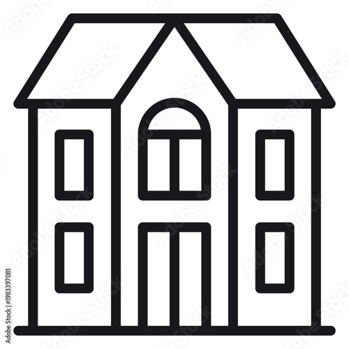 Minimalist black line vector icon illustration of a two-story residential house with a gabled roof and windows, representing home ownership, real estate, architecture, and suburban living.