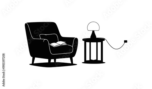 Cozy chair silhouette with book and lamp in modern living room setting