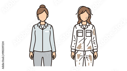 Working Professional: An illustration of a dedicated female professional, presented in a clean uniform alongside one dirtied by labor, symbolizing the journey from initial effort to accomplishment.