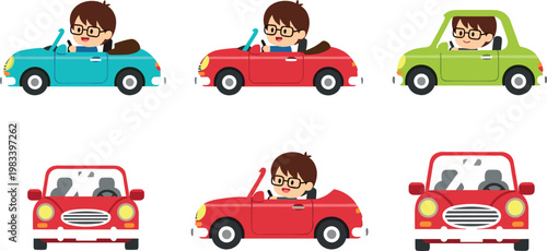 Cute boy driving car vector set with cartoon vehicles colorful transportation illustration collection for kids