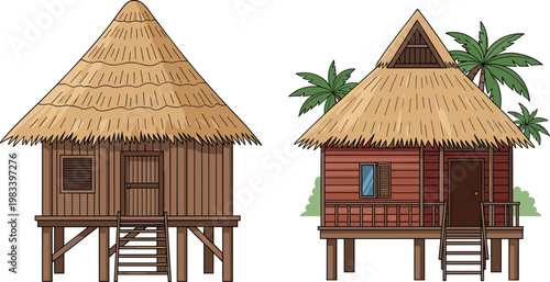 Tropical wooden huts vector illustration with stilt houses thatched roofs palm trees island beach bungalow architecture set