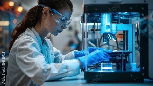 Wallpaper Mural Researcher clad in lab coat and protective gear uses high-tech microscope to examine microscopic samples in bright, well-equipped laboratory, conducting precise analysis for in-depth research purposes Torontodigital.ca
