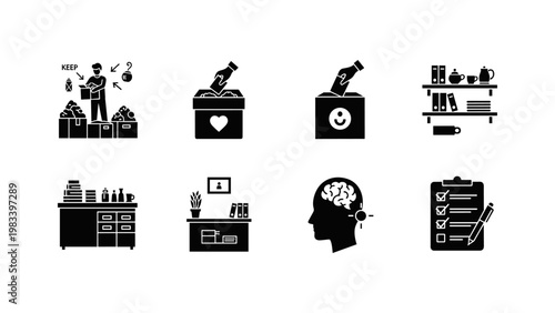 Digital black silhouette icons of office tasks and mindfulness activities