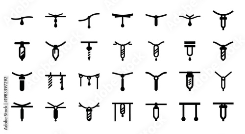 Black screw icons set, 25 industrial bolt symbols, vector hardware fasteners collection, mechanical parts