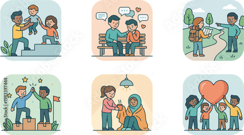 Illustrations of diverse people engaging in social activities together outdoors