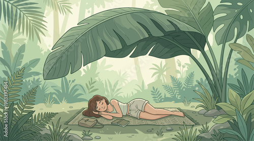 woman lies on a mat under a large leaf in a lush green forest