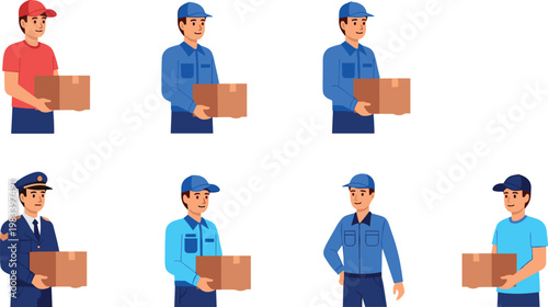 Delivery service workers vector set with couriers holding packages logistics staff uniform characters illustration collection