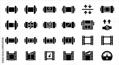Film, movie, and video icons, 25 black vector graphics, filmstrip, video production, editing symbols