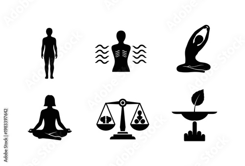 Wellness and balance silhouettes: mindfulness, health, and yoga elements