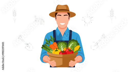 Harvest bounty: A cheerful farmer holding a basket overflowing with fresh, vibrant vegetables, a symbol of abundance and agricultural prosperity.