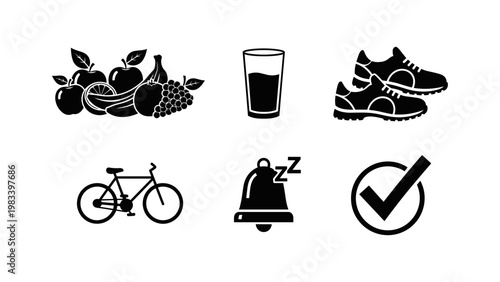 Silhouette icons: healthy living, fitness, and lifestyle symbols set