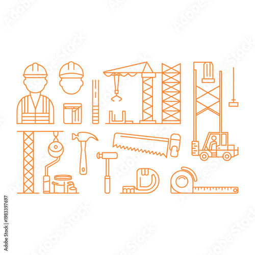 Construction Set of Elements: An orange-toned illustration showcases various elements, including construction equipment, tools, and a worker.
