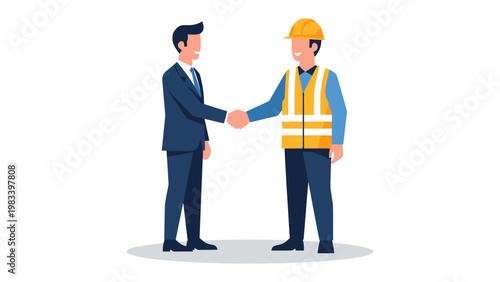 Partnership Handshake: A professional handshake seals a deal between two figures, one in a suit and the other in construction attire, symbolizing collaboration and agreement.