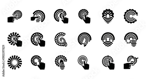 Black and white spiral icons, 20 geometric shapes, abstract symbols, vector graphics