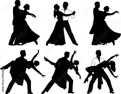 Ballroom dance couples silhouette vector set with elegant dancers performing waltz tango and romantic partner poses illustration collection