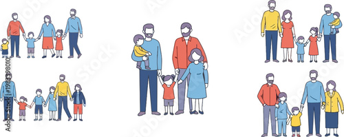 Happy Families with Parents and Children in Different Poses, Family Bonding, Parenting Moments, and Togetherness Vector Illustration