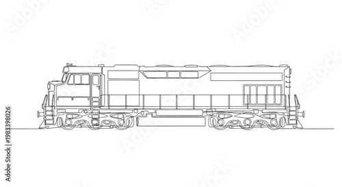 Detailed line drawing of a modern diesel locomotive from a side view